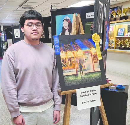 Perryton High School’s annual art show will run through May 15 during school hours at the high school. Visitors can also see the displayed art after school hours on May 6 and on May 15. The Best in Show and purchase prize award went to Pedro Uribe for “Collapsed,” a color pencil drawing. Uribe also received a $150 cash prize for his winning artwork. URIBE WINS BEST OF SHOW